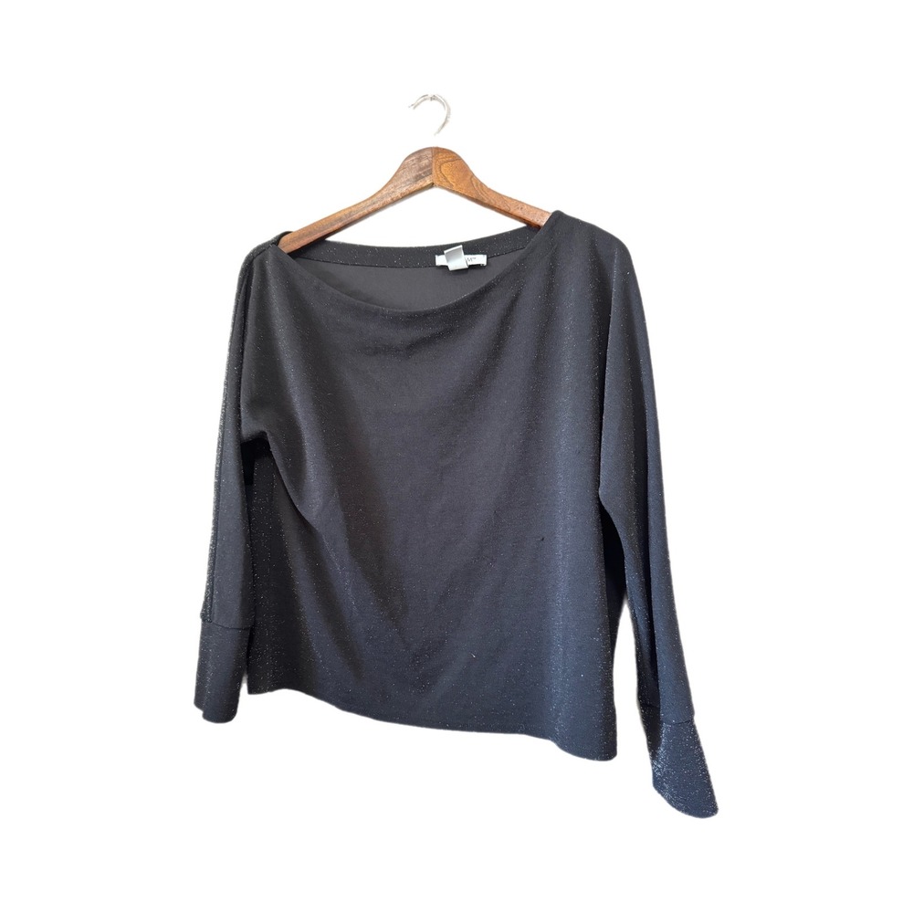 WHBM Blouse Women S Black Excellent Metallic Shimmer Boat Neck Long Sleeve Top